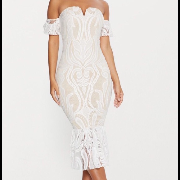 red lace frill hem midi dress